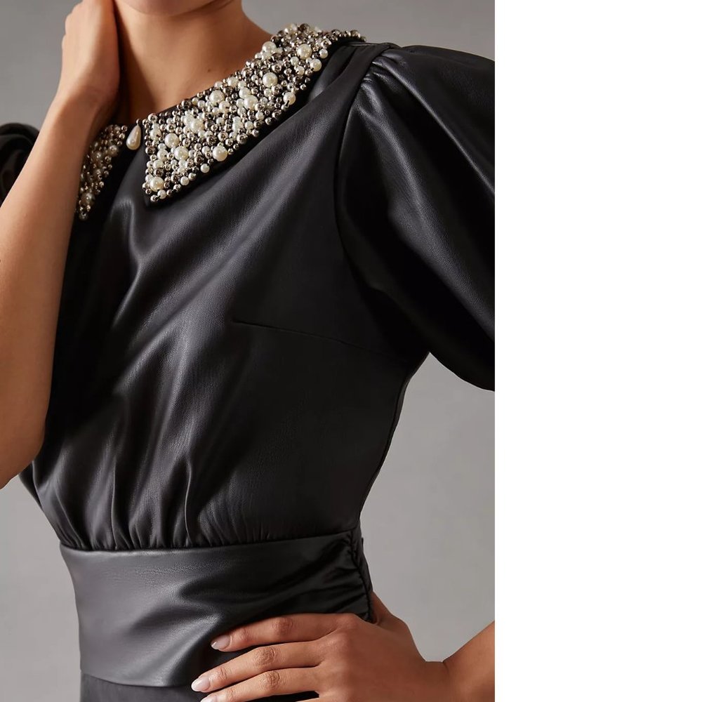 Anthropologie Maeve Faux Leather Puff-Sleeve Blouse XL new Embellished collar - Picture 4 of 8